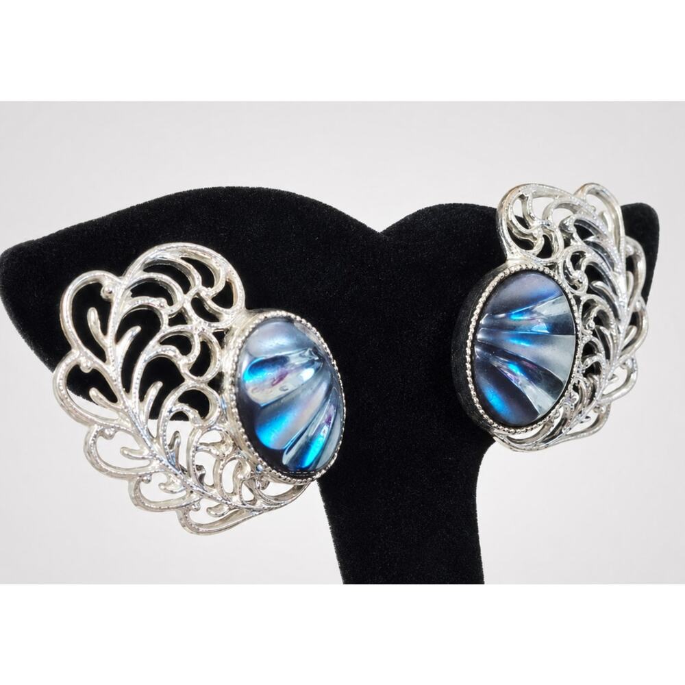 Vintage Sarah Coventry Clip On Earrings Blue Gray Silver‎ Tone Leaf 1" bc-4